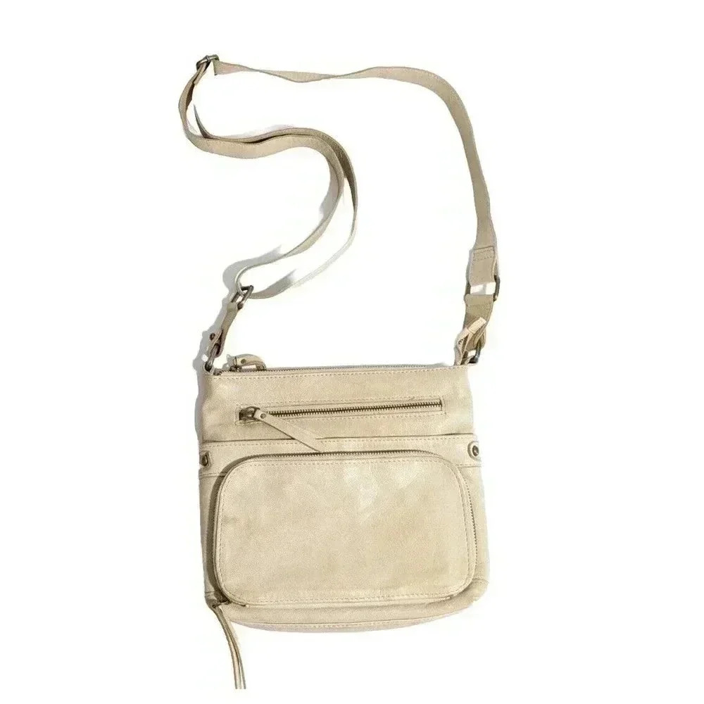 Karyn Seo Bone Cream Ivory Leather Crossbody Bag Zip Many Pockets